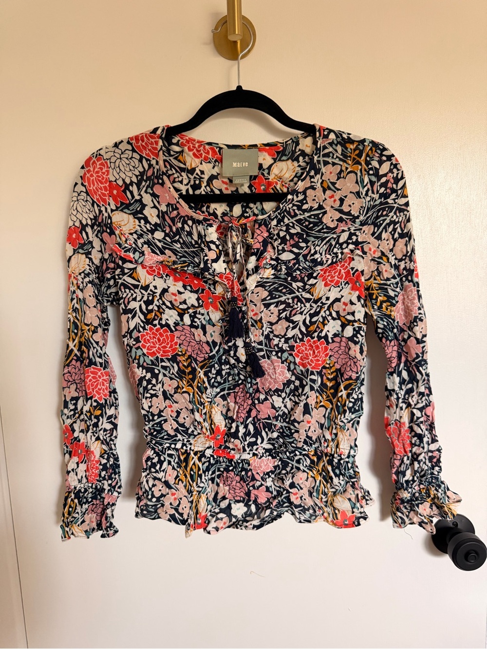 Maeve Floral Tie-Neck Long-Sleeve Top in Navy Multi